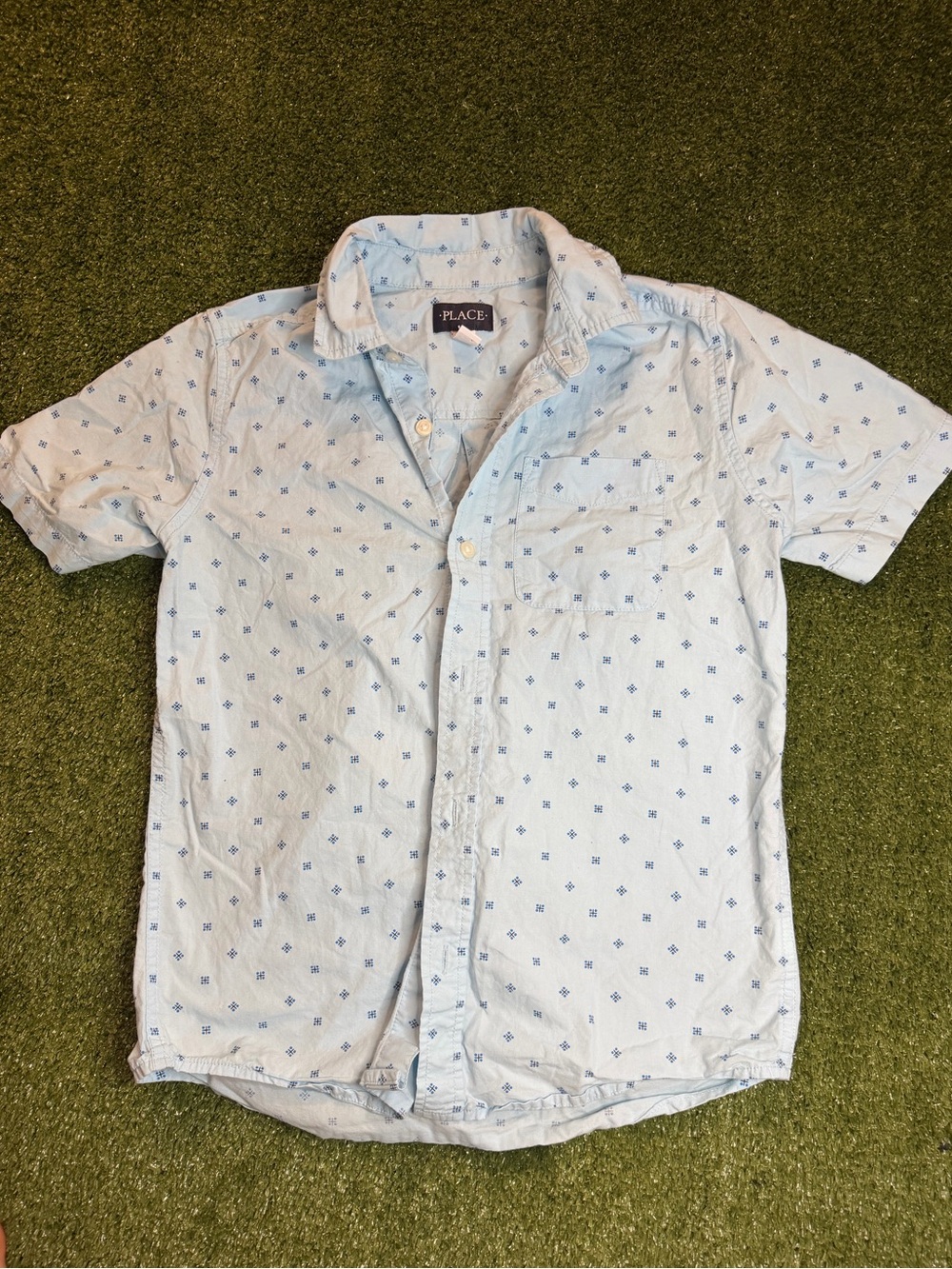 Place Light Blue Short Sleeve Button-Down Shirt with Navy Micro Print